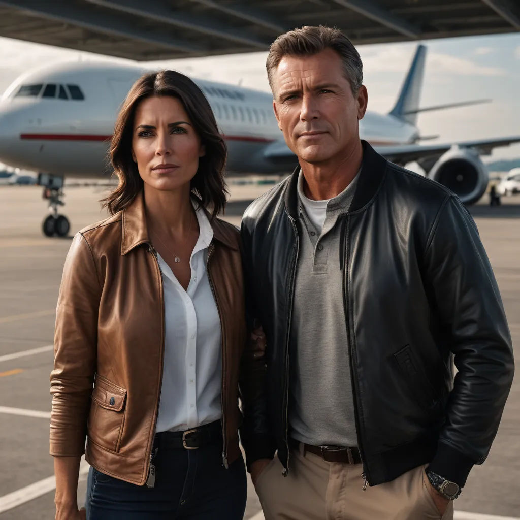 a man and a woman standing in front of a plane on the tarmac at an airport with a jet liner in the background, private press, a stock photo, Christian Hilfgott Brand, promotional image