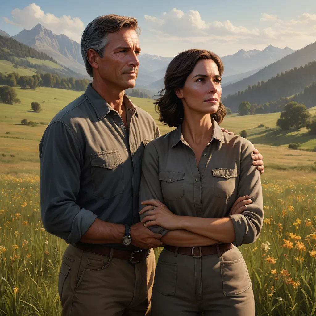 a man and a woman standing in a field of flowers with mountains in the background and a sky with clouds, american scene painting, a detailed matte painting, David Palumbo, official art