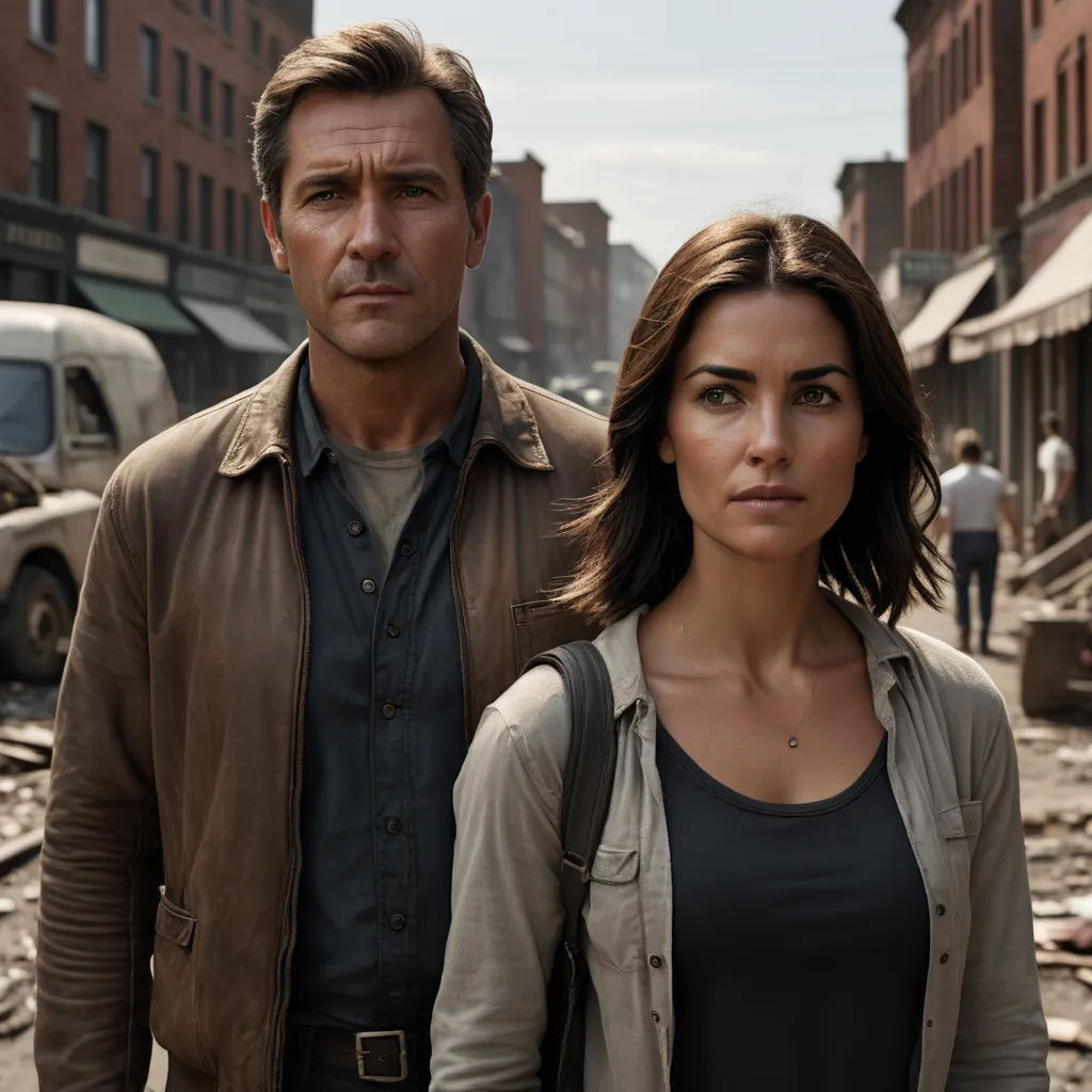 a man and a woman standing in a dirty city street with a truck in the background and a building in the background, international gothic, a poster, Derek Hill, promotional image