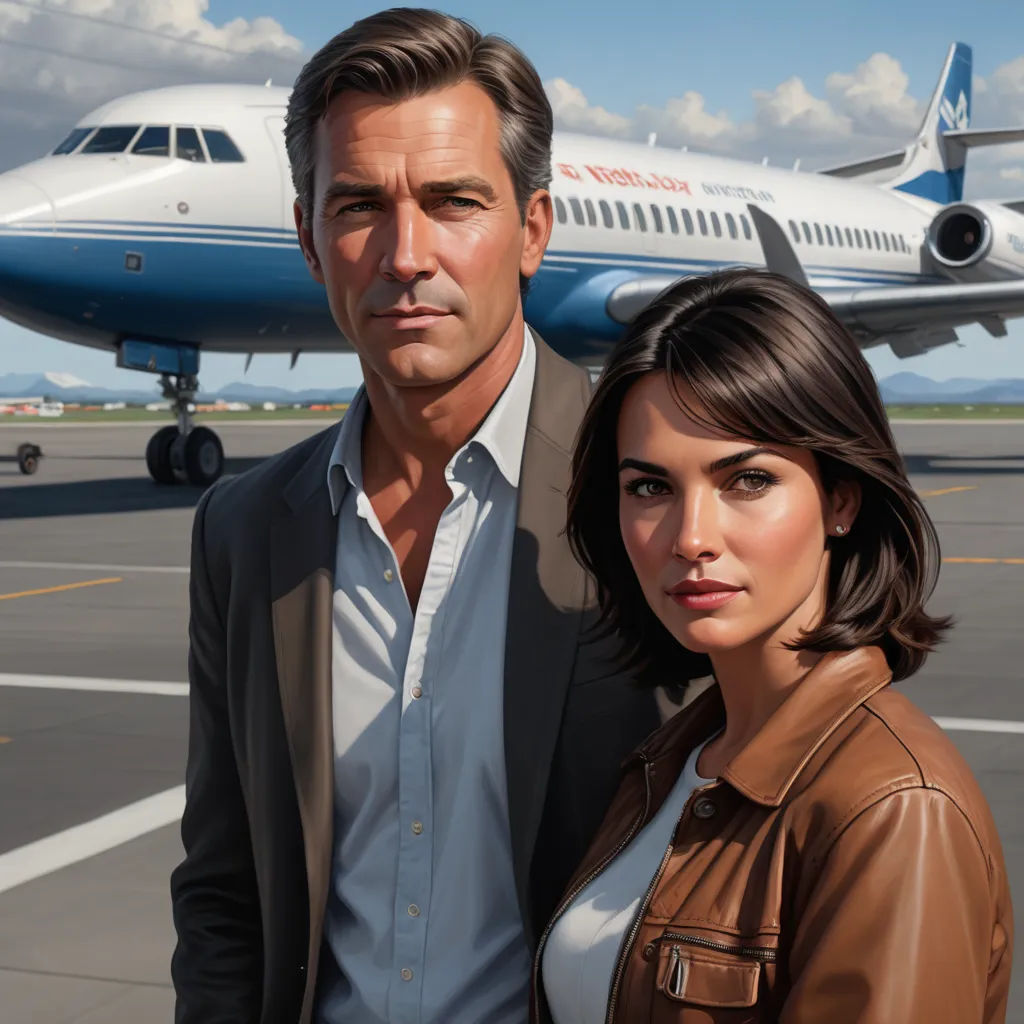 a man and a woman standing in front of a plane on the tarmac with a sky background and clouds, american scene painting, a hyperrealistic painting, David Palumbo, extremely detailed oil painting