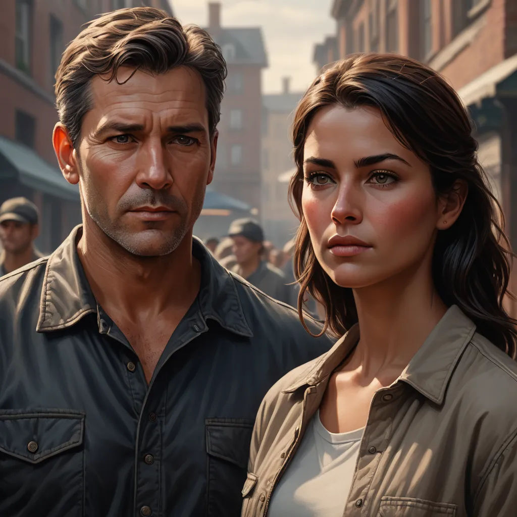 a man and a woman standing in front of a crowd of people in a city street, with a man looking at the camera, american scene painting, a painting, David Palumbo, ultra realistic faces