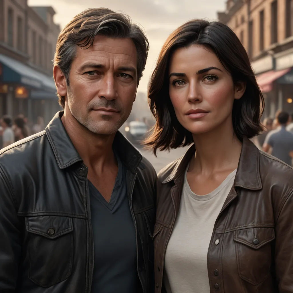 a man and a woman standing next to each other in a city street at sunset or sunset time,, hyperrealism, a photorealistic painting, Derek Hill, promotional image
