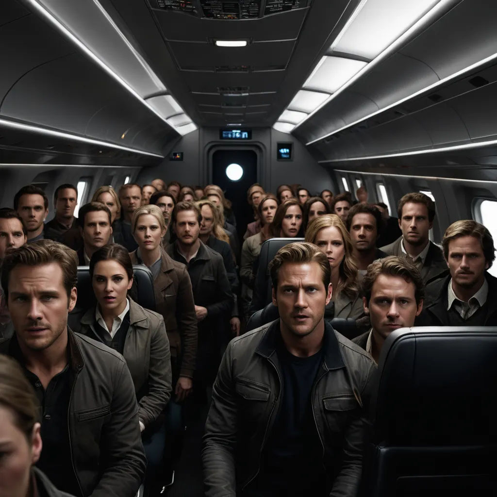 a group of people on a plane with a man in the middle of the group looking at the camera, assemblage, poster art, Chris LaBrooy, promotional image