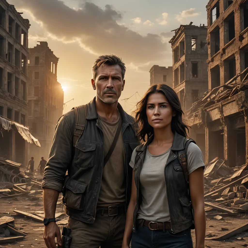 a man and a woman standing in a destroyed city with a sky background and sun shining through the clouds, private press, a poster, Dirk Crabeth, promotional image
