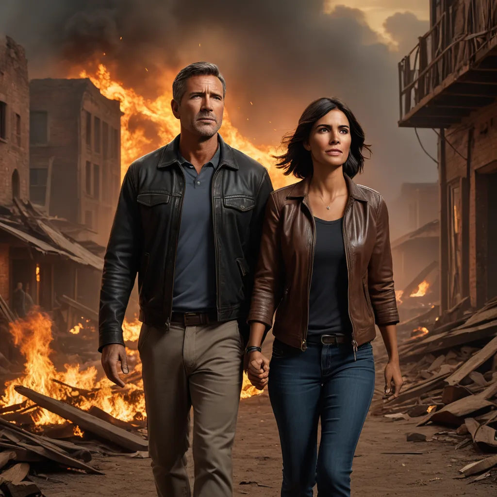 a man and a woman walking in front of a fire in a building that is on fire with a sky background, american scene painting, a poster, Ada Gladys Killins, promotional image