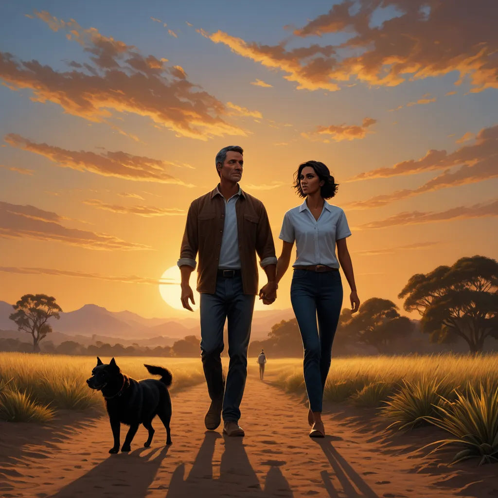 a man and a woman walking a dog on a path at sunset with a dog following them on a leash, serial art, concept art, Brothers Hildebrandt, kinkade