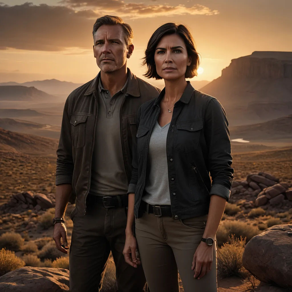a man and a woman standing in the desert at sunset with mountains in the background and a river running through the valley, dau-al-set, a poster, Andrew Bell, promotional image