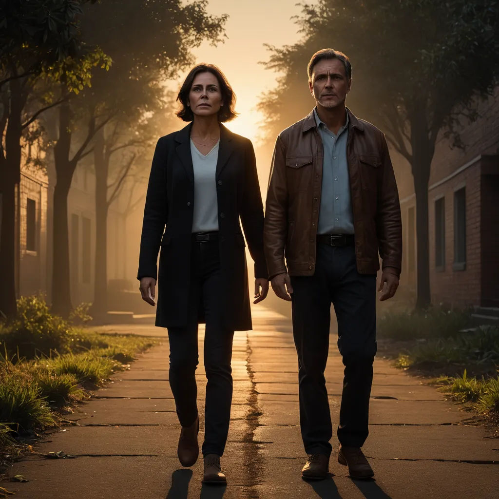 a man and a woman walking down a street at sunset with the sun behind them and trees in the background, american scene painting, poster art, Breyten Breytenbach, promotional image