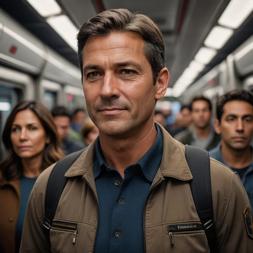 a man with a backpack standing in a subway car with other people behind him and looking at the camera, antipodeans, a poster, david rubín, promotional image