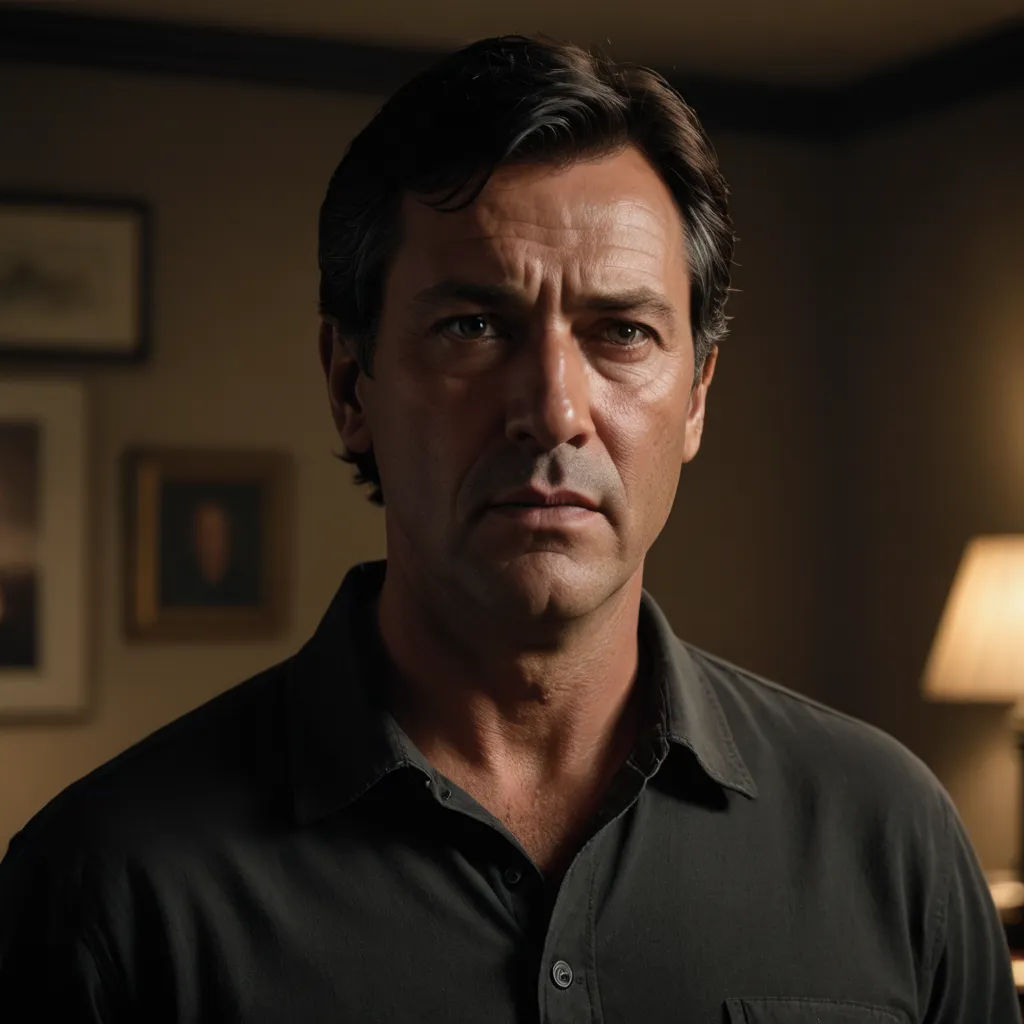 a man in a black shirt looking at the camera with a serious look on his face and a lamp on the wall behind him, new objectivity, a character portrait, Derek Hill, promotional image