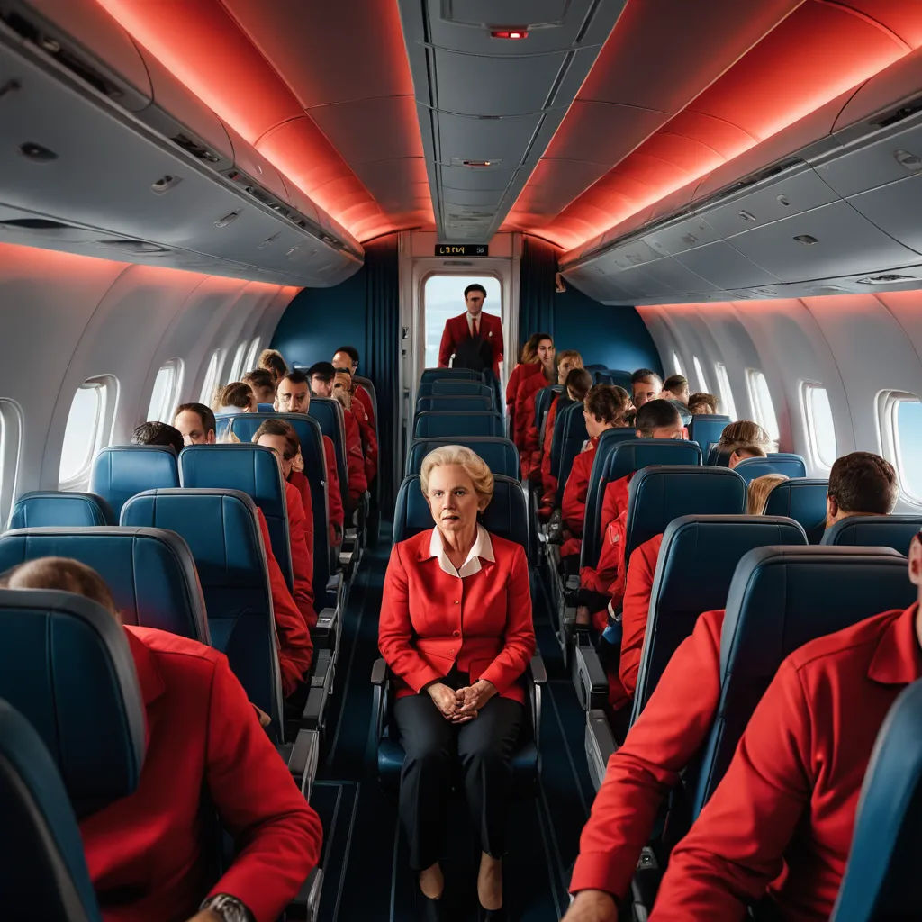 a woman in red sitting on a plane with other people in red shirts and red pants on the seats, kitsch movement, a stock photo, Arie Smit, promotional image