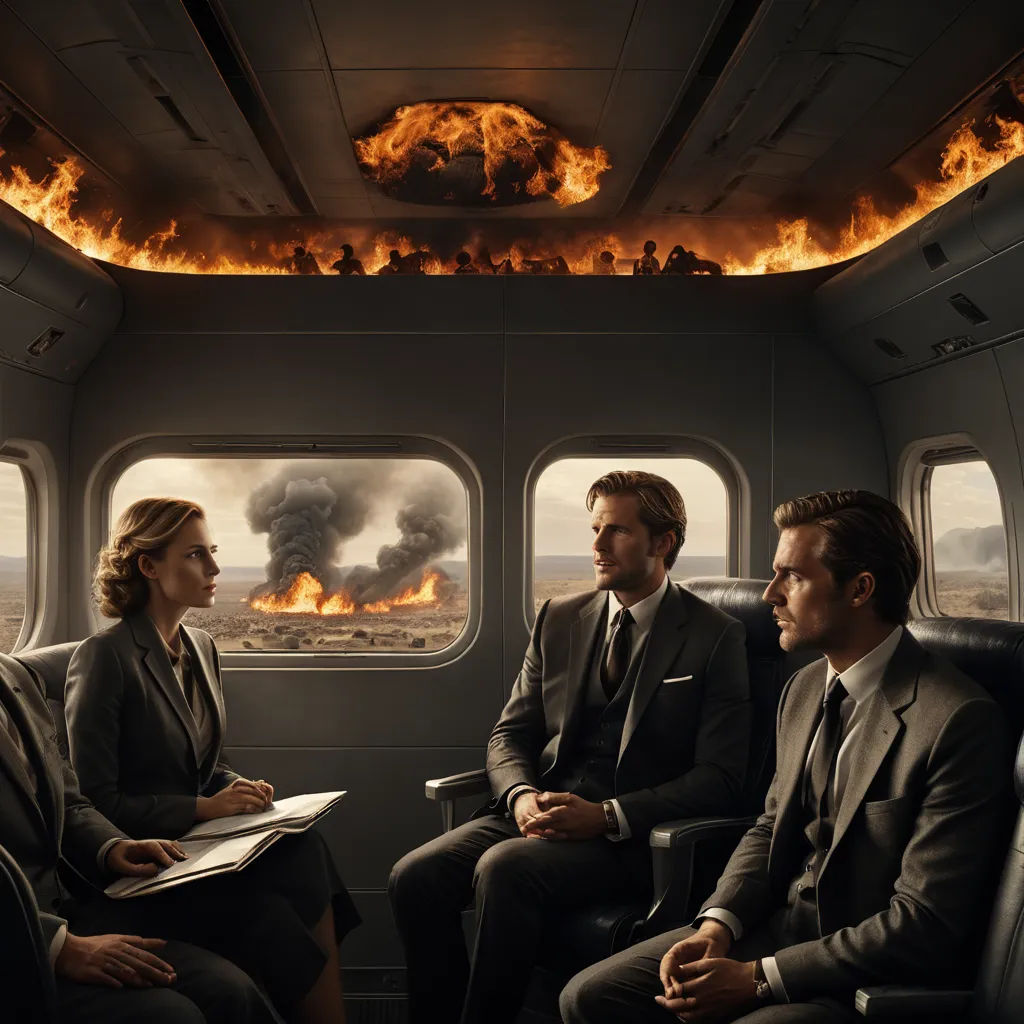 a group of people sitting on a plane looking out the window at a fire in the sky behind them, serial art, poster art, Dirk Crabeth, promotional image