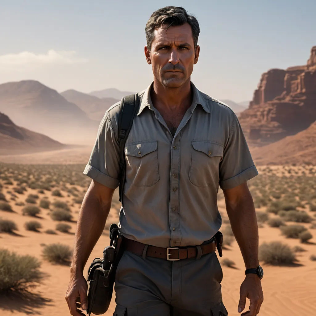 a man in a desert with a camera in his hand and a desert landscape in the background with mountains, primitivism, a poster, Edward Otho Cresap Ord, II, promotional image