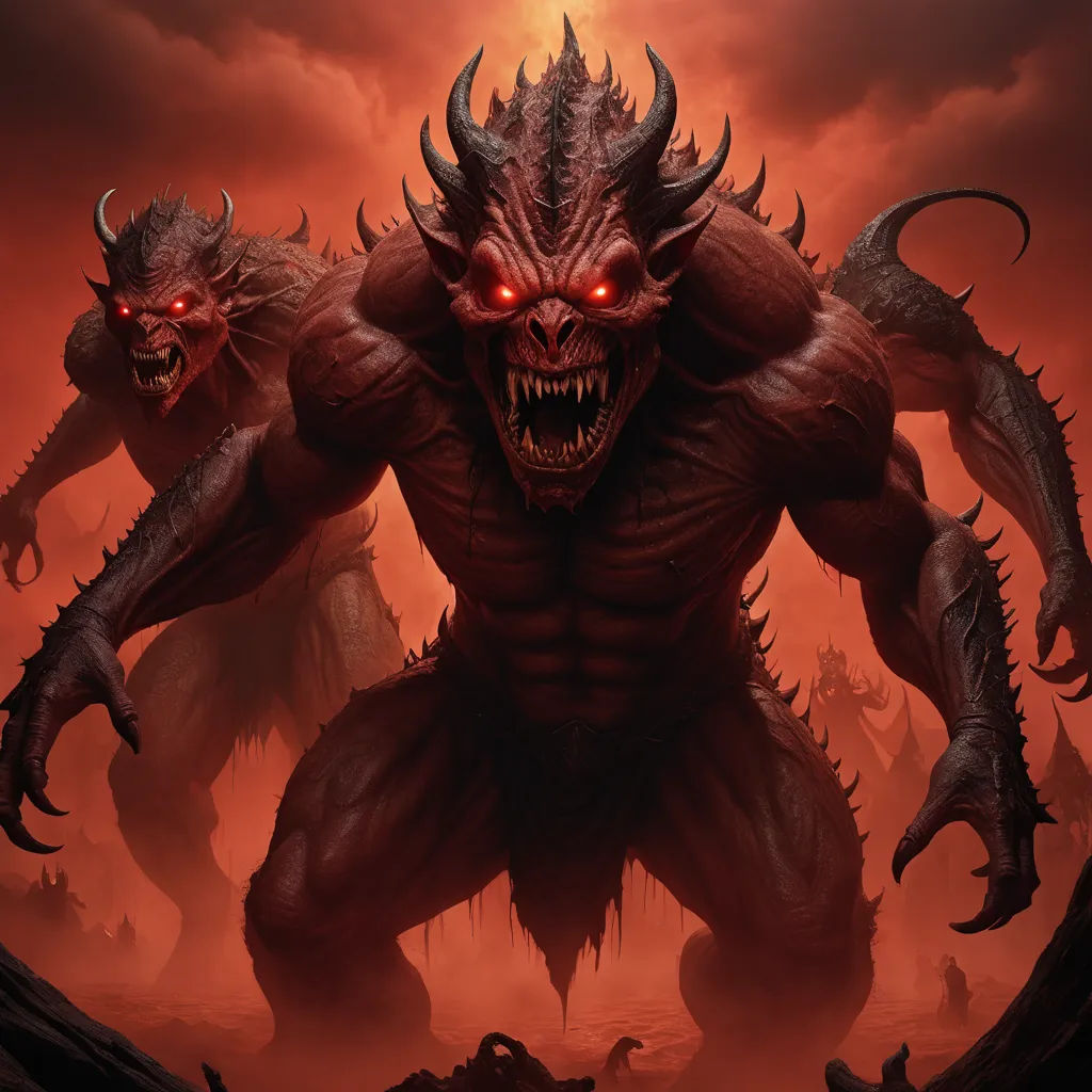a demonic demon with glowing eyes and horns on his face, with two demonic creatures in the background, in a red sky, gothic art, concept art, Anne Stokes, dark fantasy art