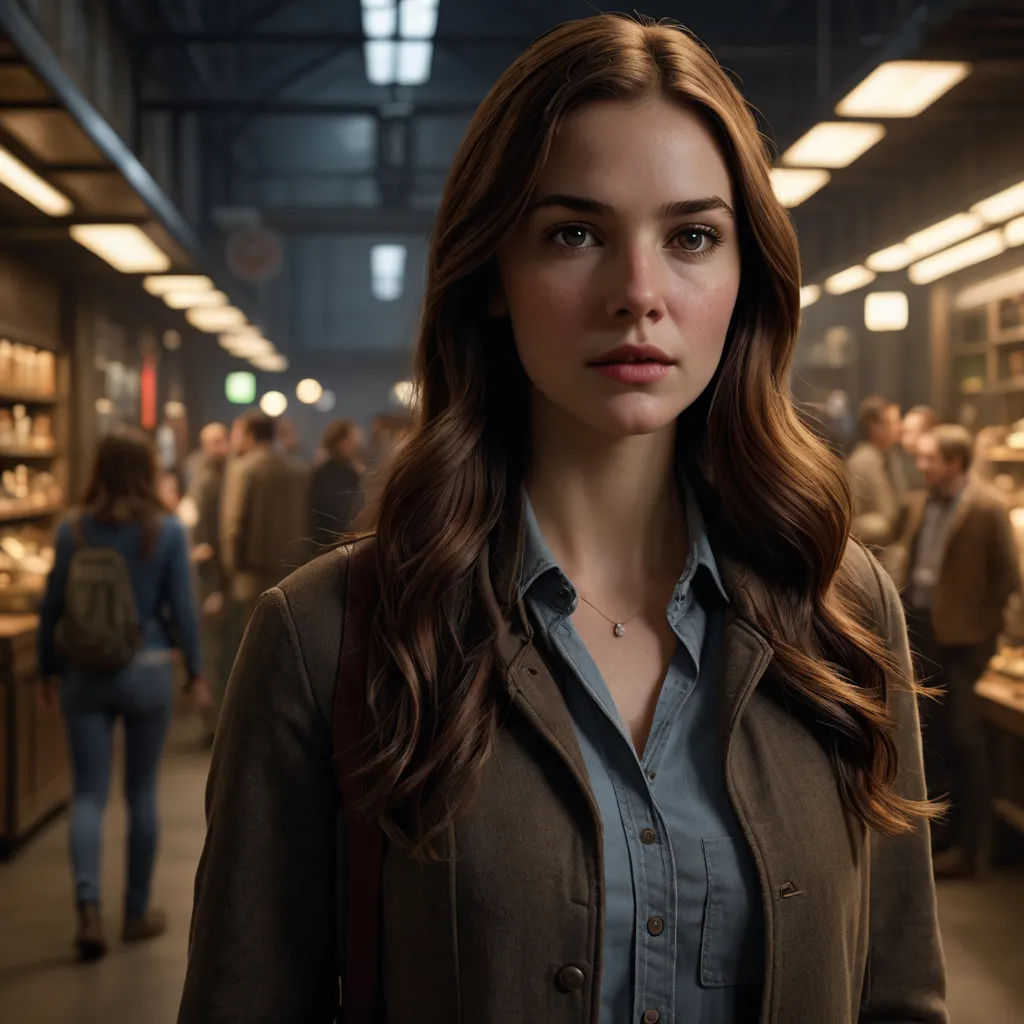 a woman standing in a store looking at the camera with a serious look on her face and shoulder, with people in the background, neo-figurative, poster art, Christian Hilfgott Brand, promotional image