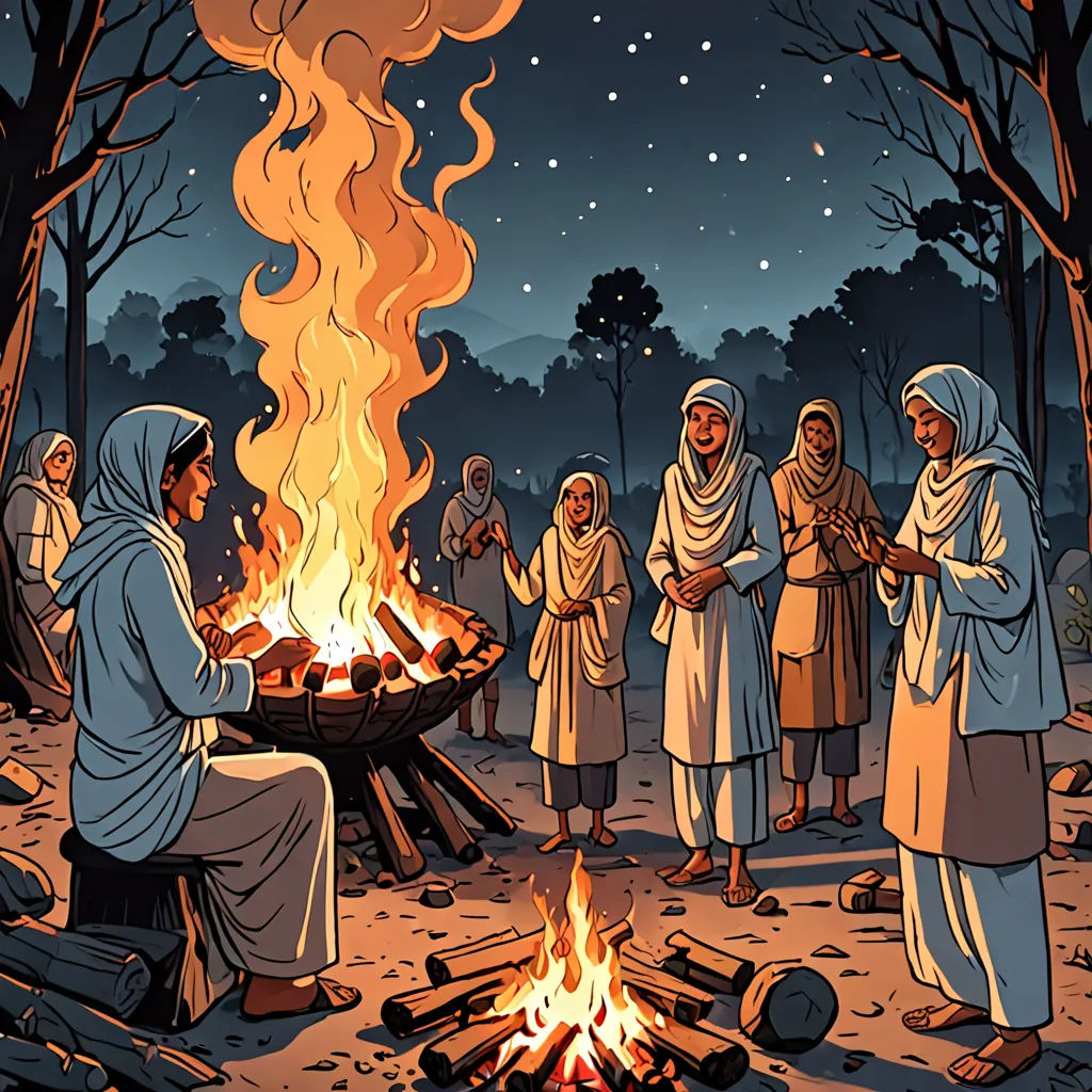 a group of people standing around a fire pit with a fire in the middle of it and a sky filled with stars, primitivism, a storybook illustration, Ella Guru, comic cover art