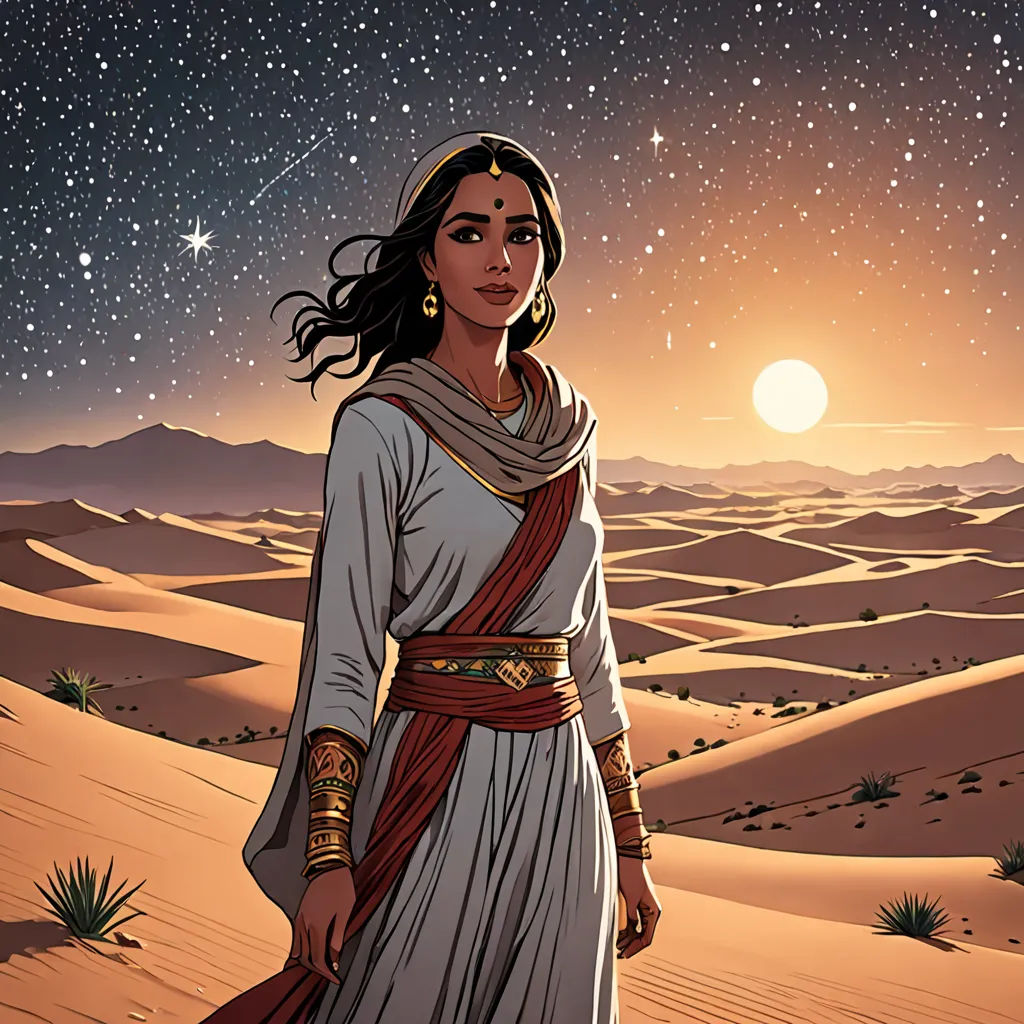 a woman in a desert with a desert landscape in the background and a star filled sky above her head, serial art, a comic book panel, Asaf Hanuka, promotional image