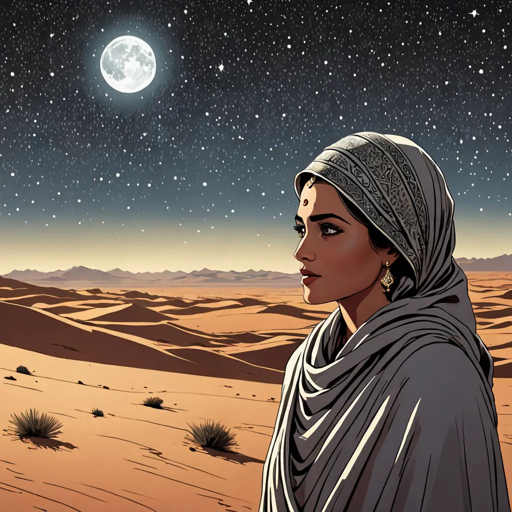 a woman in a desert with a full moon in the background and stars in the sky above her head, space art, poster art, Amir Zand, promotional image