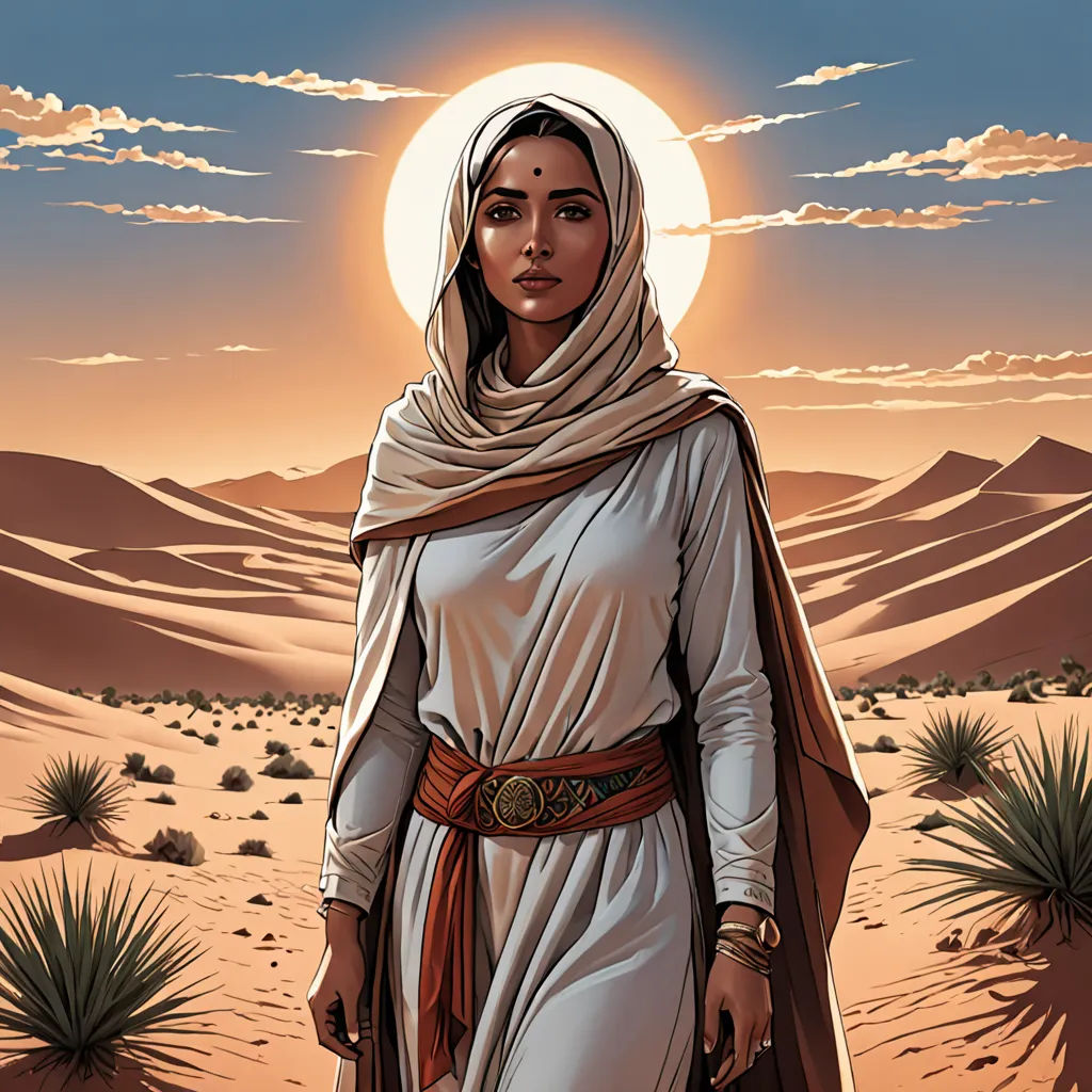 a woman in a desert scene with a sun in the background and a desert landscape with a desert scene, fantasy art, a character portrait, Amir Zand, comic cover art