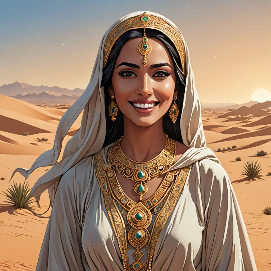 a woman in a desert outfit with a desert background and a desert landscape in the background, with a desert landscape in the background, fantasy art, egyptian art, Edwin Georgi, desert