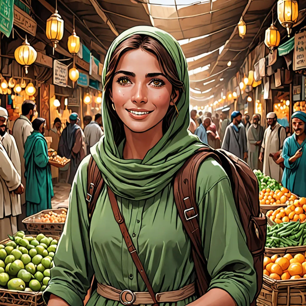 a woman in a green dress standing in a market with a lot of fruit and vegetables in baskets and people in the background, magical realism, a character portrait, Colin Middleton, orientalism