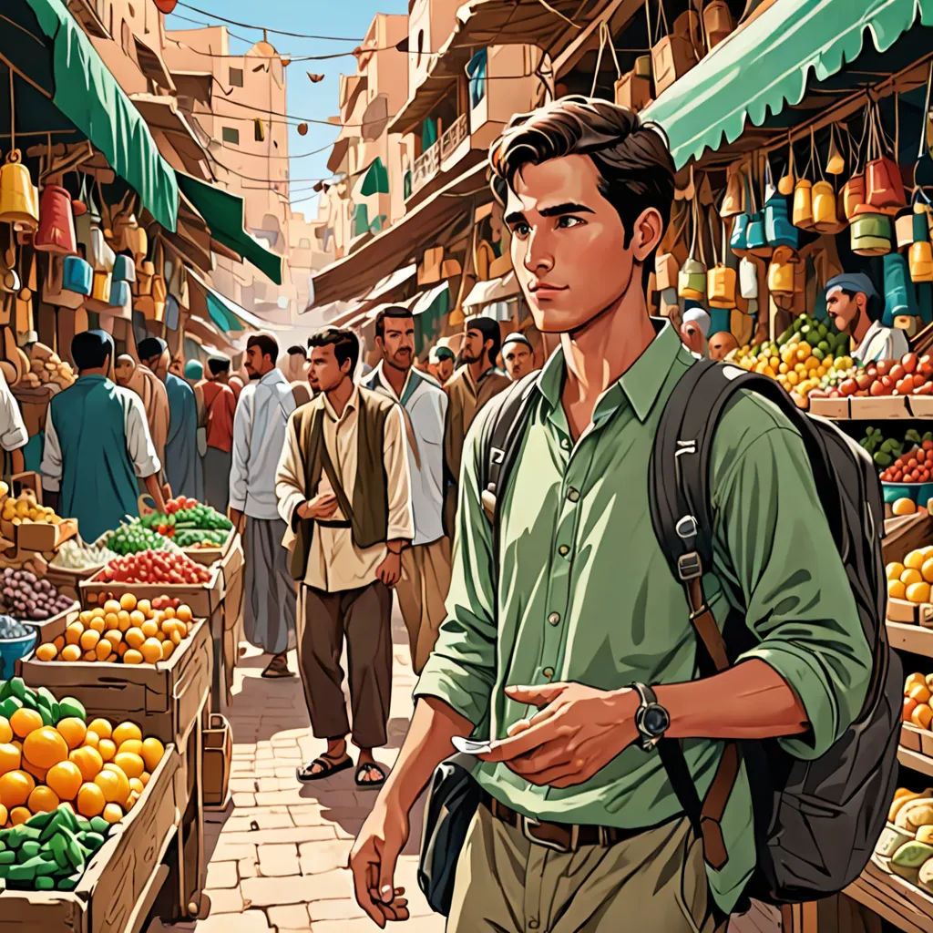a man standing in front of a fruit stand with a knife in his hand and a lot of people walking around, photorealism, a comic book panel, Asaf Hanuka, official art
