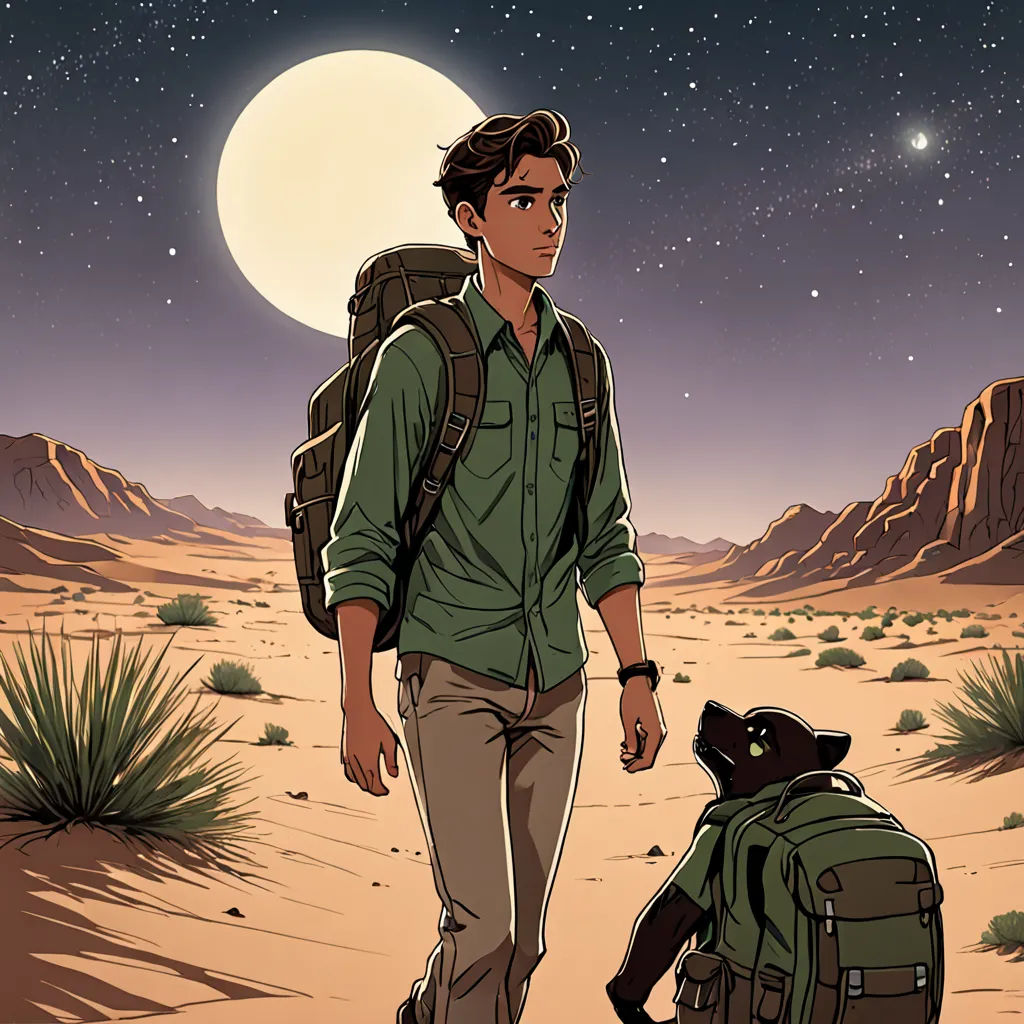 a man with a backpack and a cat in the desert at night with a full moon in the background, serial art, poster art, Asaf Hanuka, comic cover art