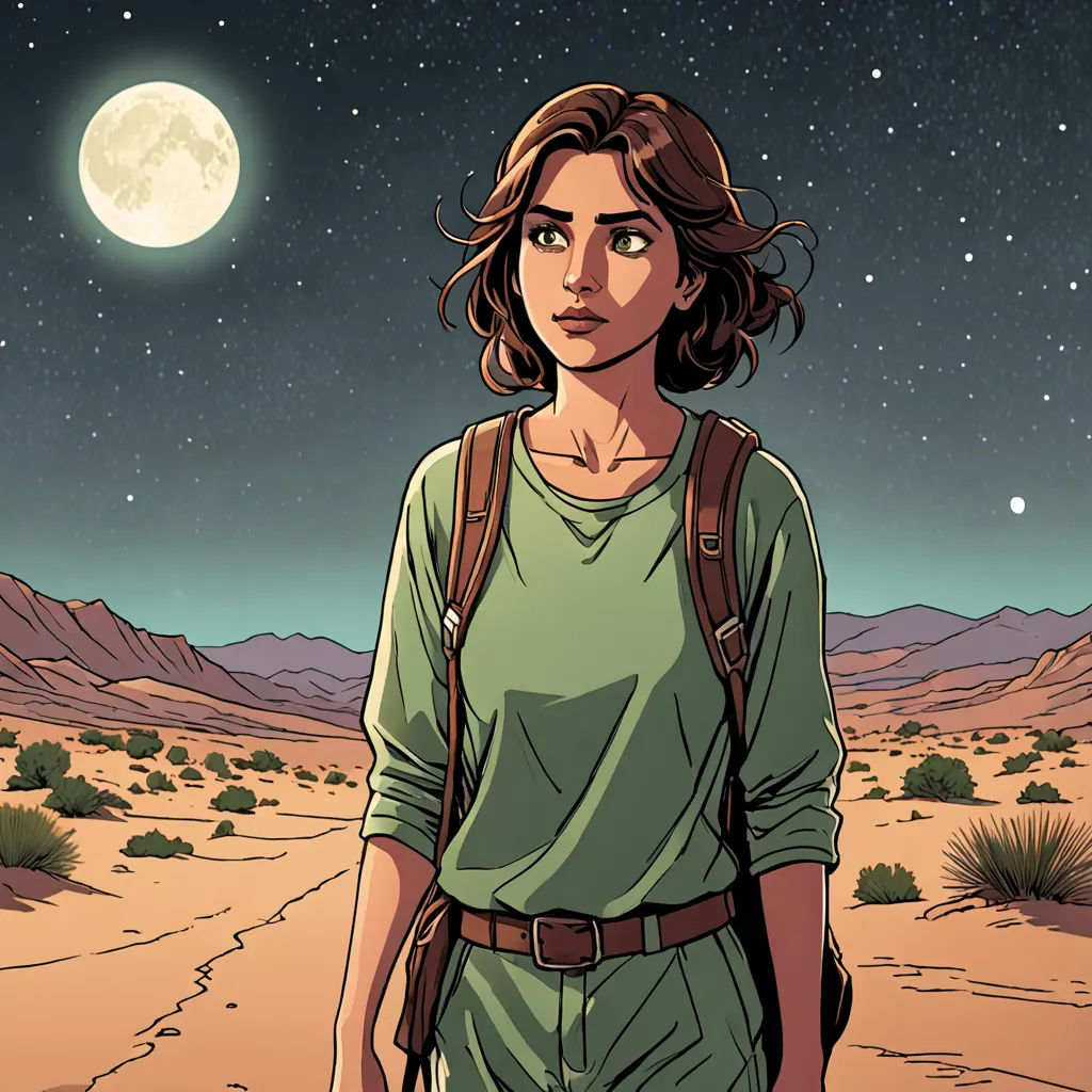 a woman with a backpack is standing in the desert at night with a full moon in the background and a desert landscape, serial art, a character portrait, Asaf Hanuka, comic cover art