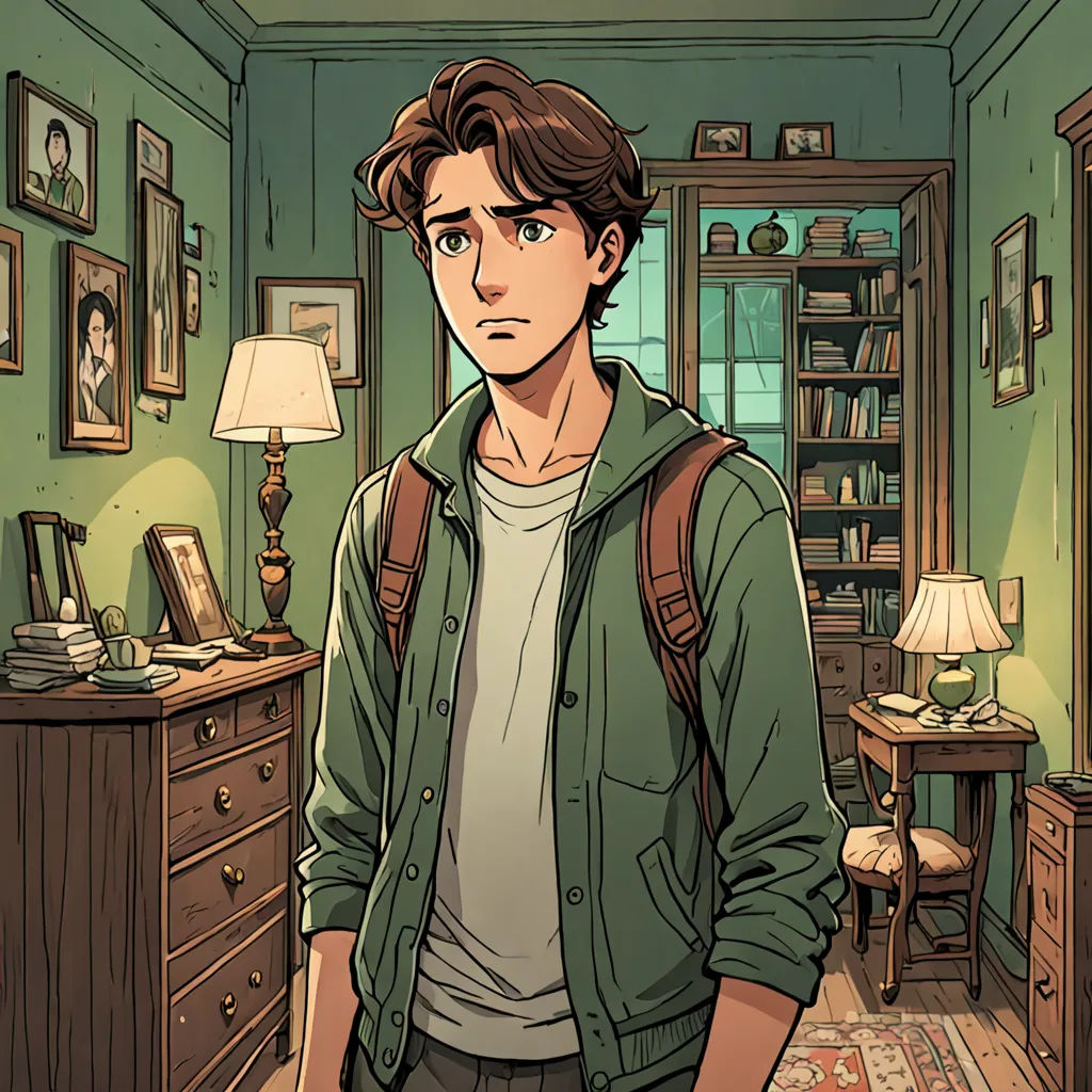 a man standing in a room with a backpack on his shoulder and a lamp on the table in front of him, sots art, a comic book panel, Cedric Seaut (Keos Masons), kinkade