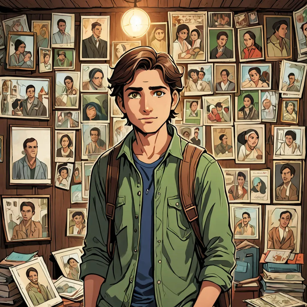 a man standing in front of a wall of pictures and books with a backpack on his shoulder and a backpack on his shoulder, serial art, poster art, Asaf Hanuka, graphic novel
