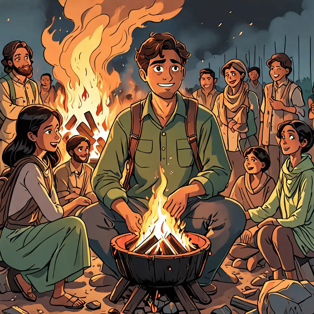 a man sitting in front of a fire with a bunch of people around him and a fire pit in the background, serial art, a comic book panel, Asaf Hanuka, comic cover art
