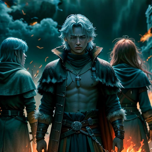 a man in a black outfit standing next to two women in front of a fire filled sky with clouds