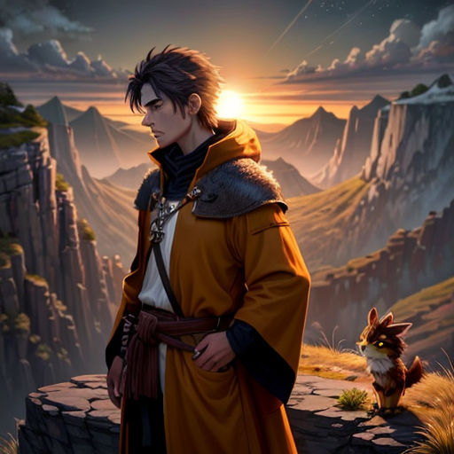 a man in a brown coat standing on a cliff with a fox in the background and a mountain range in the background