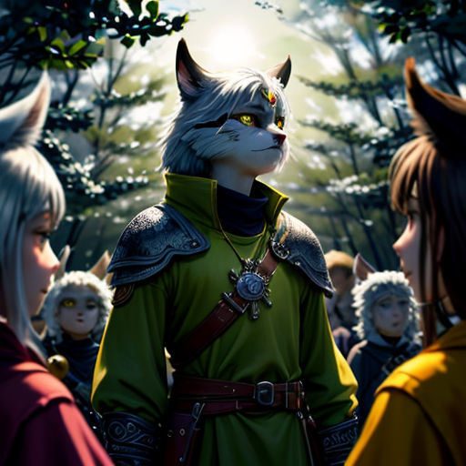 a group of people standing around a forest with cats on their backs and a wolf on their shoulder,