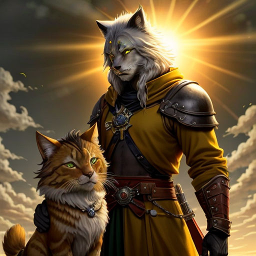 a cat and a man in armor standing next to each other in front of a sunset and clouds background