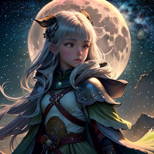 a woman with long hair and a green dress standing in front of a full moon with a wolf on her shoulder