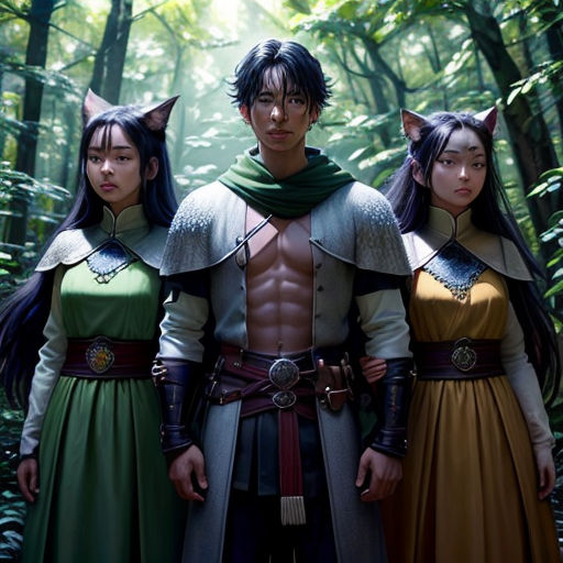 a group of people standing in a forest with cats on their heads and a man in a costume with a cat on his chest