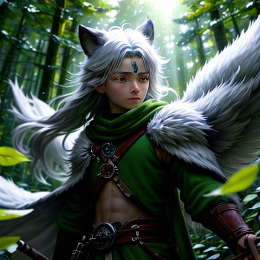a man with a sword and a wolf outfit in the woods with wings on his chest and a sword in his hand