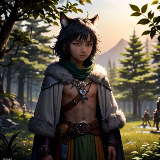 a man in a costume standing in a forest with a wolf on his shoulder and a wolf on his shoulder