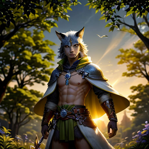 a man in a costume standing in a forest with a sword and a wolf on his shoulder and a bird flying above