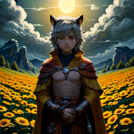 a man in a costume standing in a field of sunflowers with a wolf on his shoulder and a full moon in the background