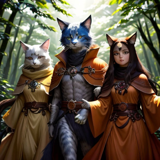 a painting of three cats and a woman in medieval costumes in a forest with trees and foliage behind them
