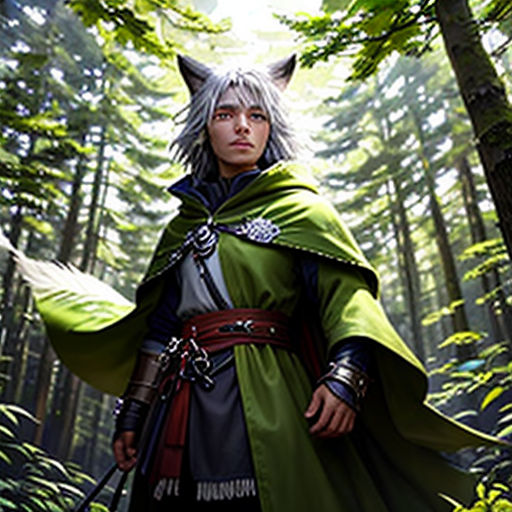 a man in a green and black outfit standing in the woods with a sword in his hand and a wolf on his shoulder