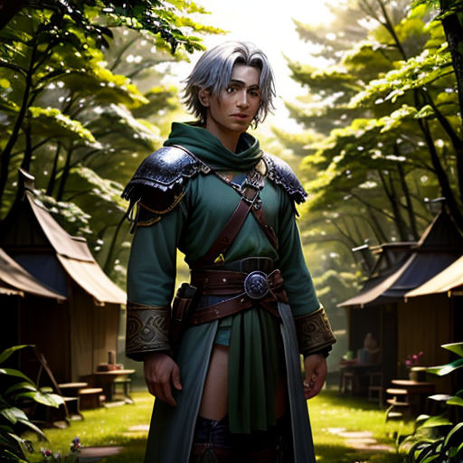 a man in a green outfit standing in a forest with a sword in his hand and a green cape on his head