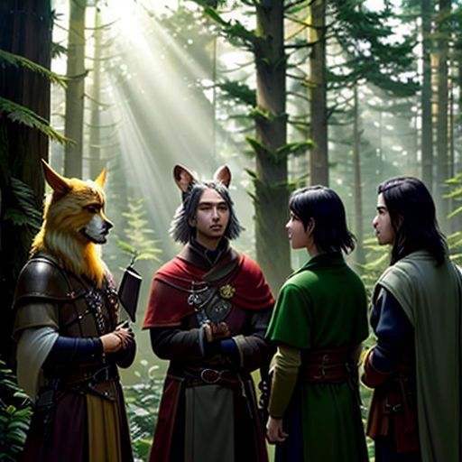 a group of people standing in the woods with a fox on their head and a fox on their shoulder