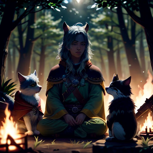 a woman sitting in the middle of a forest with cats and a dog on her lap, with a bright light shining in the background