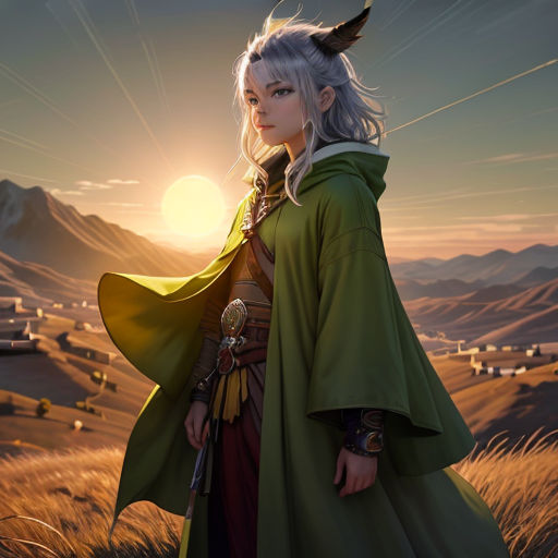a woman in a green cape standing in a field with a sunset behind her and a mountain in the background