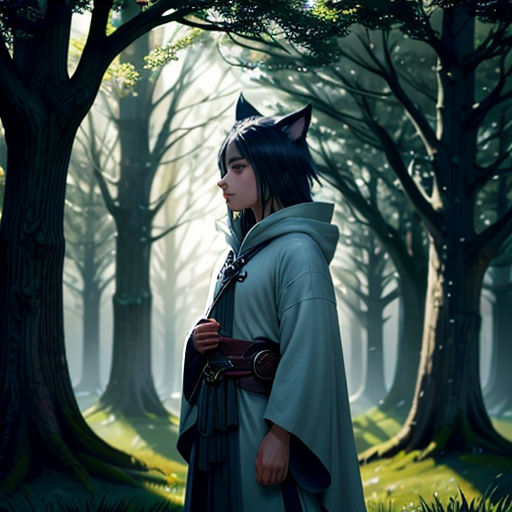 a woman in a green cloak standing in a forest with a cat on her head and a cat on her shoulder