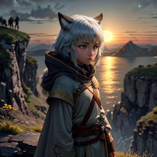 a woman with white hair and a cat ears standing on a cliff overlooking a body of water with a sunset in the background