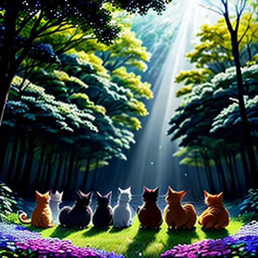a painting of cats sitting in a forest with a light shining down on them and a forest scene behind them